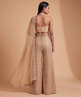 Champagne gold hand embroidered sequins cutdana palazzo set 4