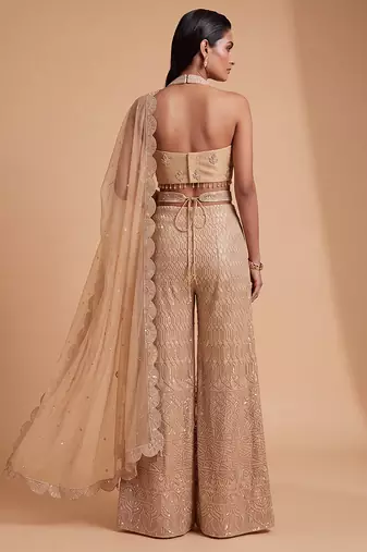 Champagne gold hand embroidered sequins cutdana palazzo set