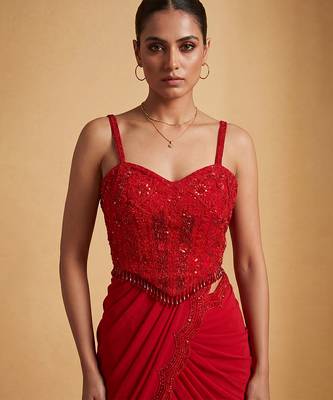 Red hand embroidered sequin beaded gharara set 3