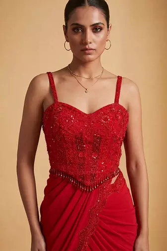 Red hand embroidered sequin beaded gharara set