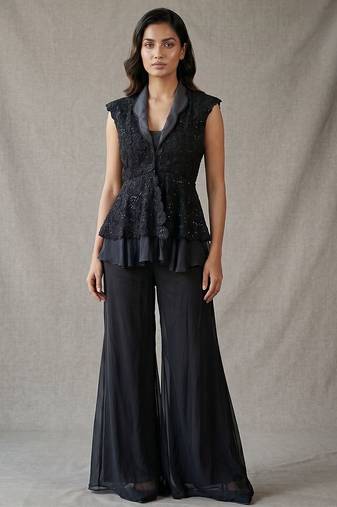 Black georgette peplum jacket sharara set