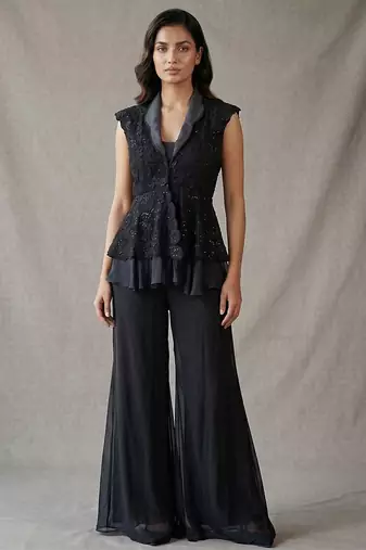 Black georgette peplum jacket sharara set