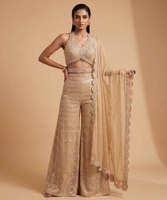 Champagne gold hand embroidered sequins cutdana palazzo set 5