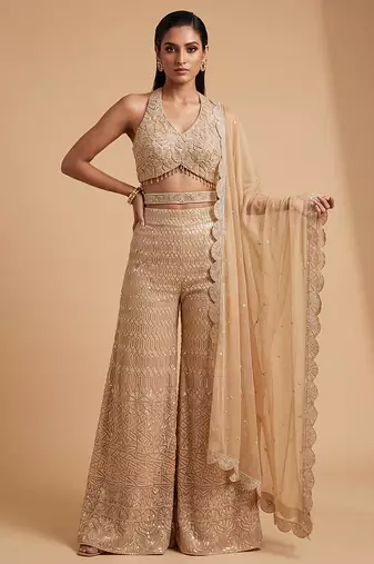 Champagne gold hand embroidered sequins cutdana palazzo set