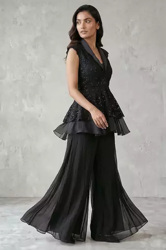 Black georgette peplum jacket sharara set
