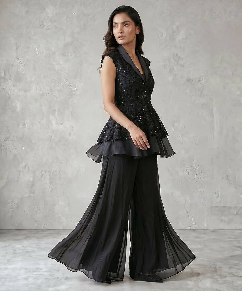 Black georgette peplum jacket sharara set