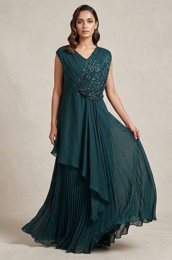 Teal green georgette draped gown with sequin detailing