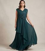 Teal green georgette draped gown with sequin detailing