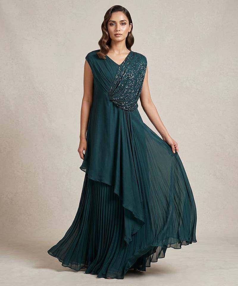 Teal green georgette draped gown with sequin detailing