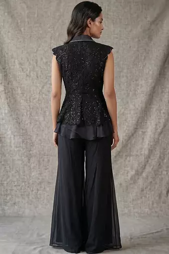Black georgette peplum jacket sharara set