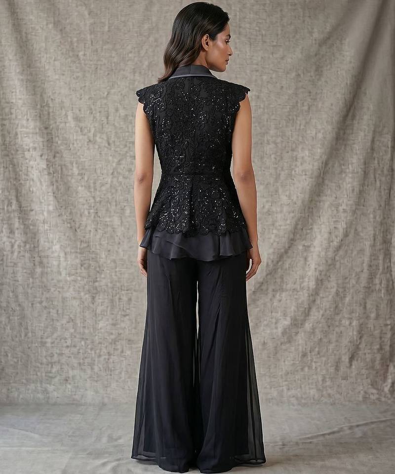 Black georgette peplum jacket sharara set