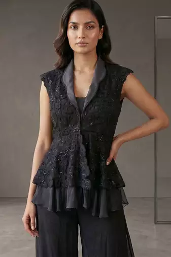 Black georgette peplum jacket sharara set