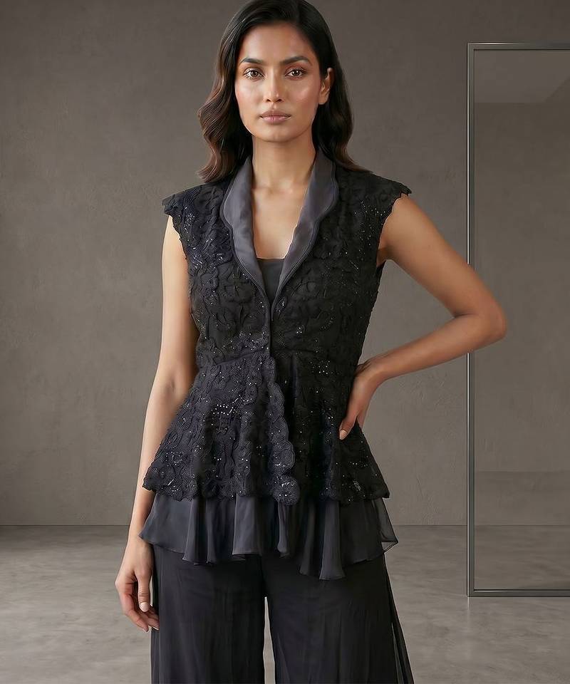 Black georgette peplum jacket sharara set