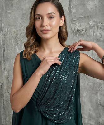Teal green georgette draped gown with sequin detailing 2