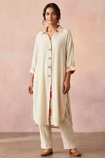 Ivory white textured cotton high low kurta set