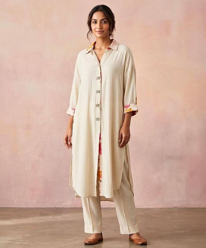 Ivory white textured cotton high low kurta set