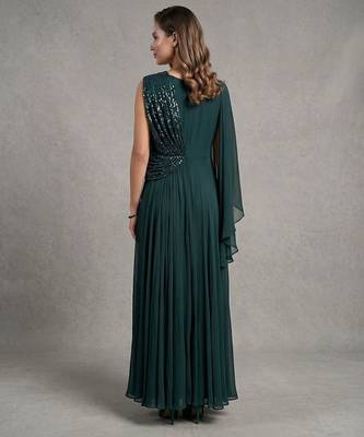 Teal green georgette draped gown with sequin detailing 3