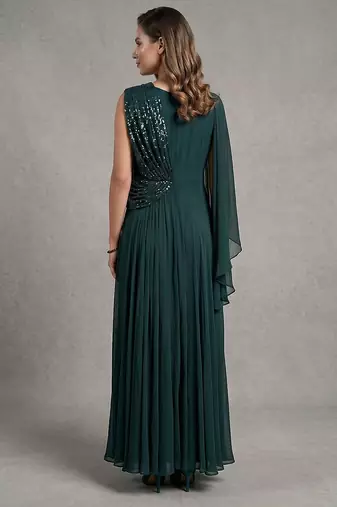 Teal green georgette draped gown with sequin detailing