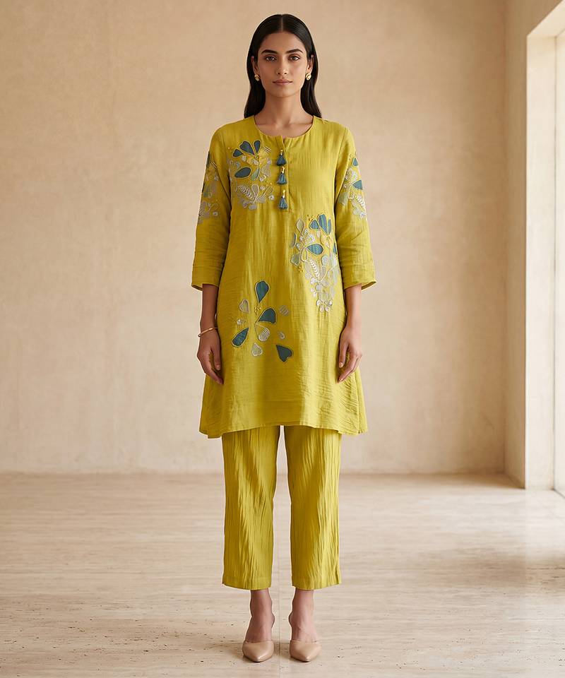 Lime green floral embroidered co ord set