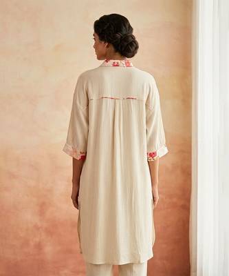 Ivory white textured cotton high low kurta set 2