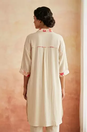 Ivory white textured cotton high low kurta set