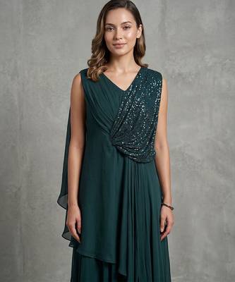 Teal green georgette draped gown with sequin detailing 4
