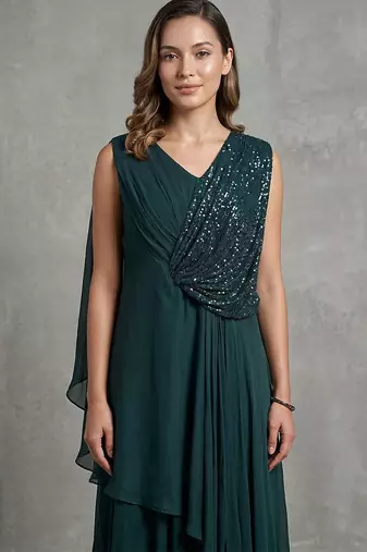 Teal green georgette draped gown with sequin detailing