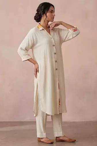 Ivory white textured cotton high low kurta set