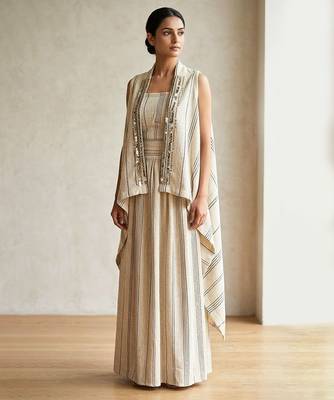 Ivory beige striped co ord set with embellished overlay 1