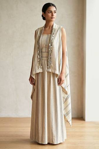 Ivory beige striped co ord set with embellished overlay