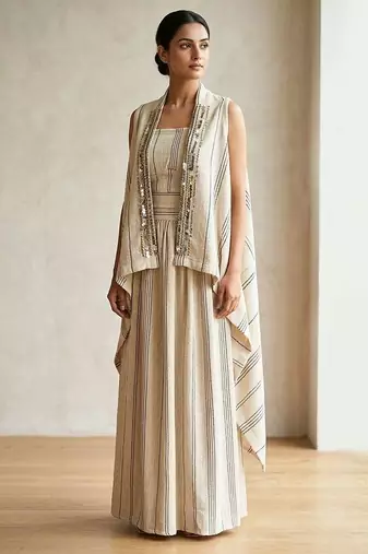 Ivory beige striped co ord set with embellished overlay