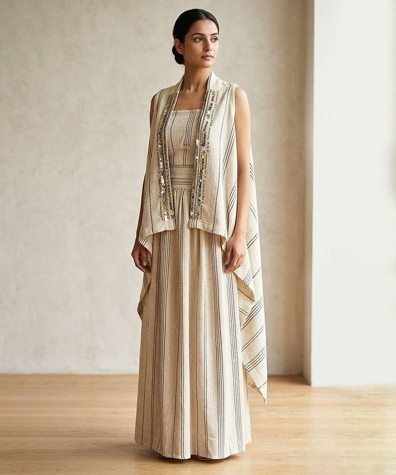 Ivory beige striped co ord set with embellished overlay