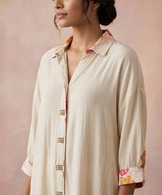 Ivory white textured cotton high low kurta set 4