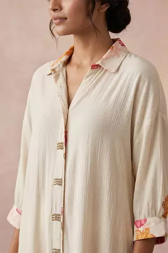 Ivory white textured cotton high low kurta set