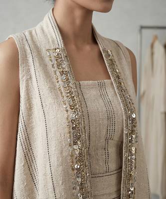Ivory beige striped co ord set with embellished overlay 3