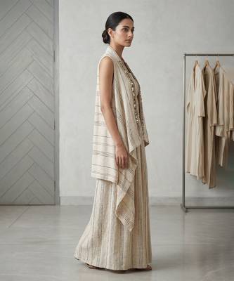 Ivory beige striped co ord set with embellished overlay 4