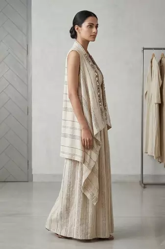 Ivory beige striped co ord set with embellished overlay