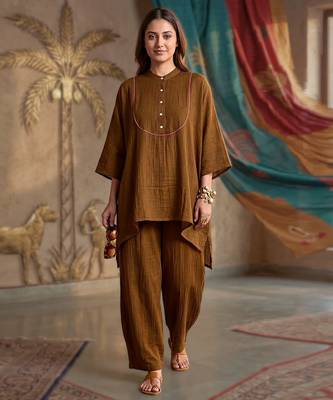 Chocolate brown textured cotton co ord set 1