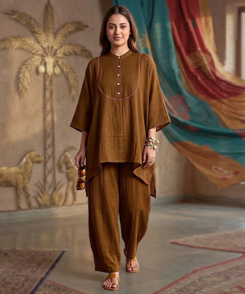 Chocolate brown textured cotton co ord set