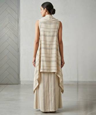 Ivory beige striped co ord set with embellished overlay 5