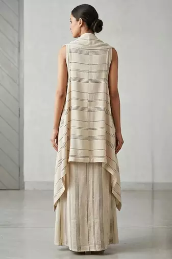 Ivory beige striped co ord set with embellished overlay