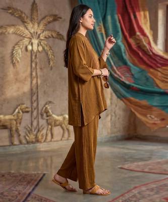 Chocolate brown textured cotton co ord set 3