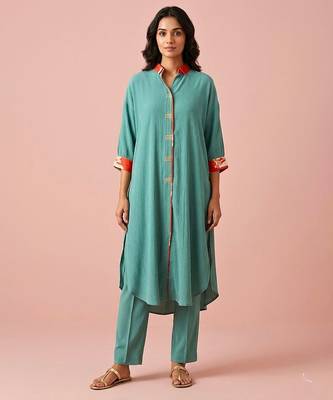 Sea green textured cotton kurta set 1