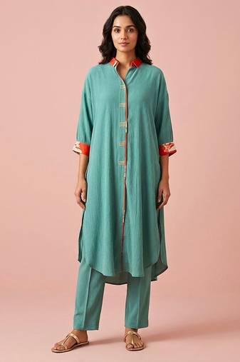 Sea green textured cotton kurta set