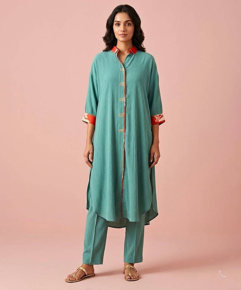 Sea green textured cotton kurta set