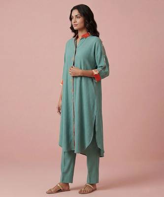 Sea green textured cotton kurta set 2