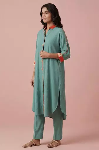 Sea green textured cotton kurta set