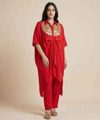 Crimson red wings gold patch kaftan co ord set 1