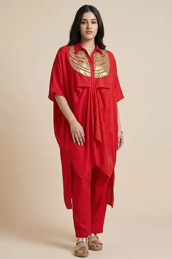 Crimson red wings gold patch kaftan co ord set