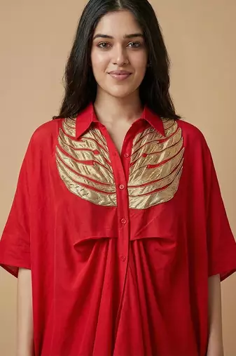 Crimson red wings gold patch kaftan co ord set